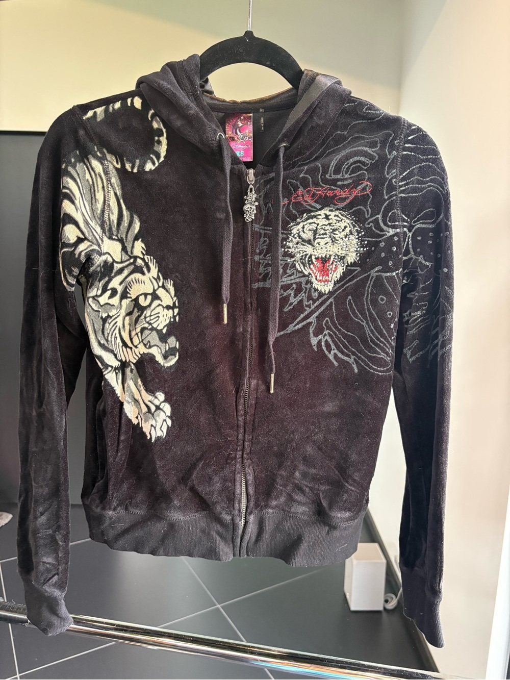 Vintage Ed Hardy Black Velour Matching Set with Tiger Graphics
